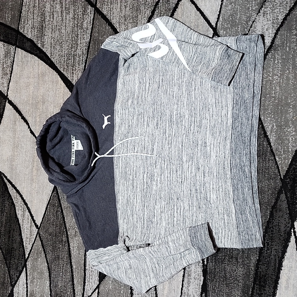 VS PINK 2016 CAMPUS FIT COWL-NECK DOG LOGO COLOR-BLOCK FLEECE GRAY SWEAT…